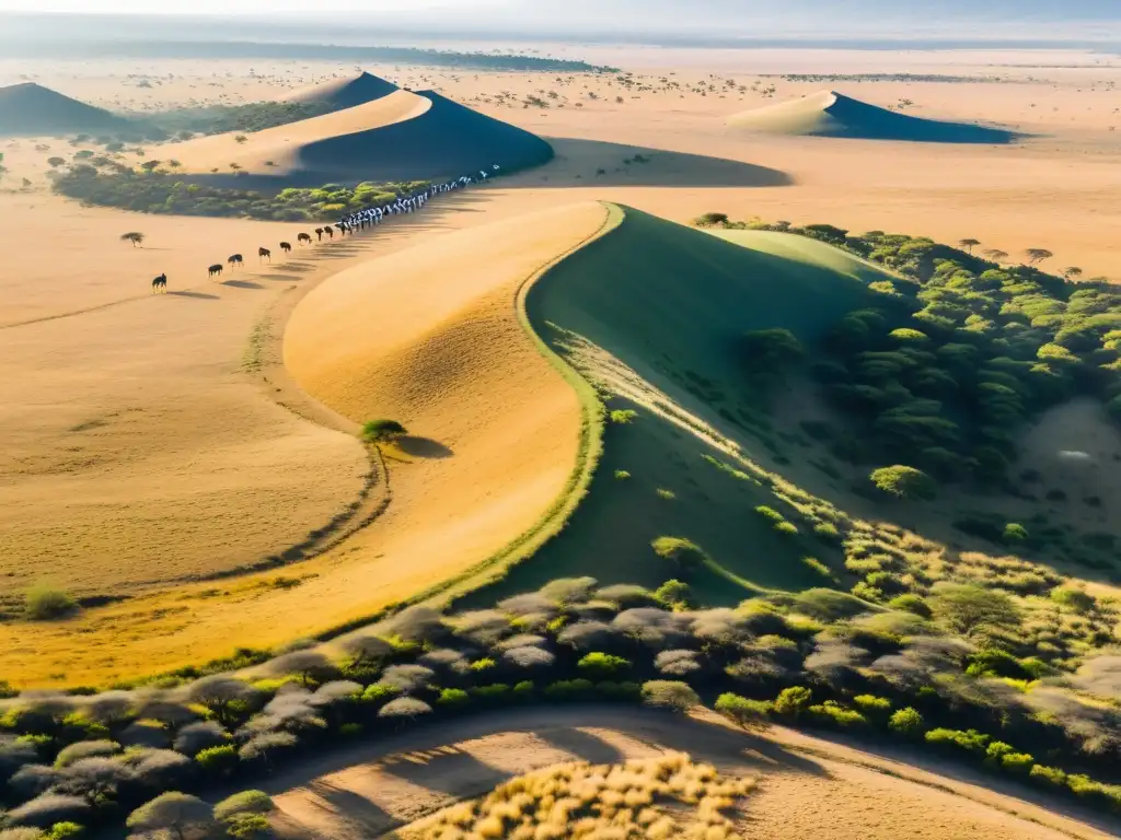 Una impresionante vista aérea de una expansiva sabana dorada, con acacias dispersas y cebras pastando