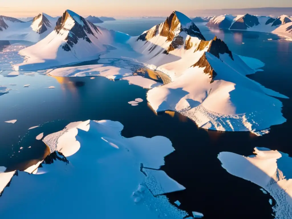 Una impresionante vista aérea del paisaje ártico helado, con la luz dorada del sol poniente sobre la nieve blanca