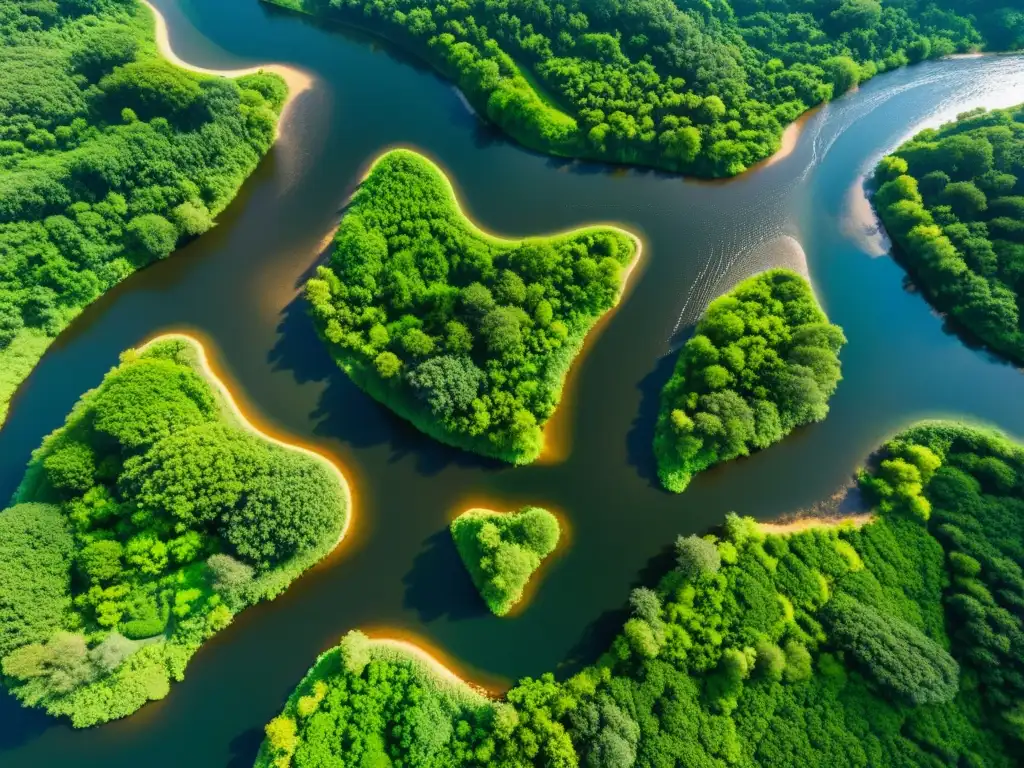 Impresionante vista aérea de un río serpenteante rodeado de exuberante vegetación, evidenciando el impacto del cambio climático en los patrones del río y resaltando la vulnerabilidad del ecosistema