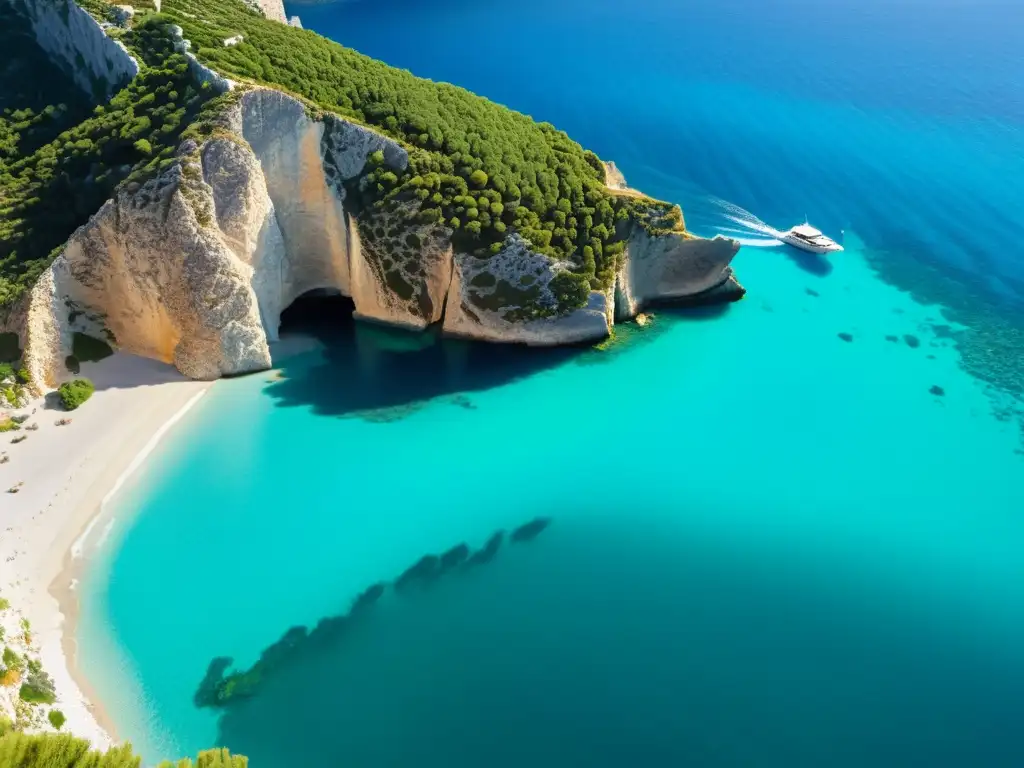 Una impresionante vista de una costa virgen en Grecia, con aguas turquesas, acantilados y exuberante vegetación