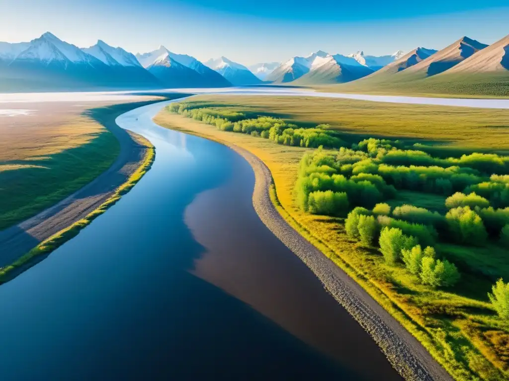 Una impresionante vista de la extensa tundra siberiana, con montañas nevadas al fondo, un río serpenteante y una variada fauna