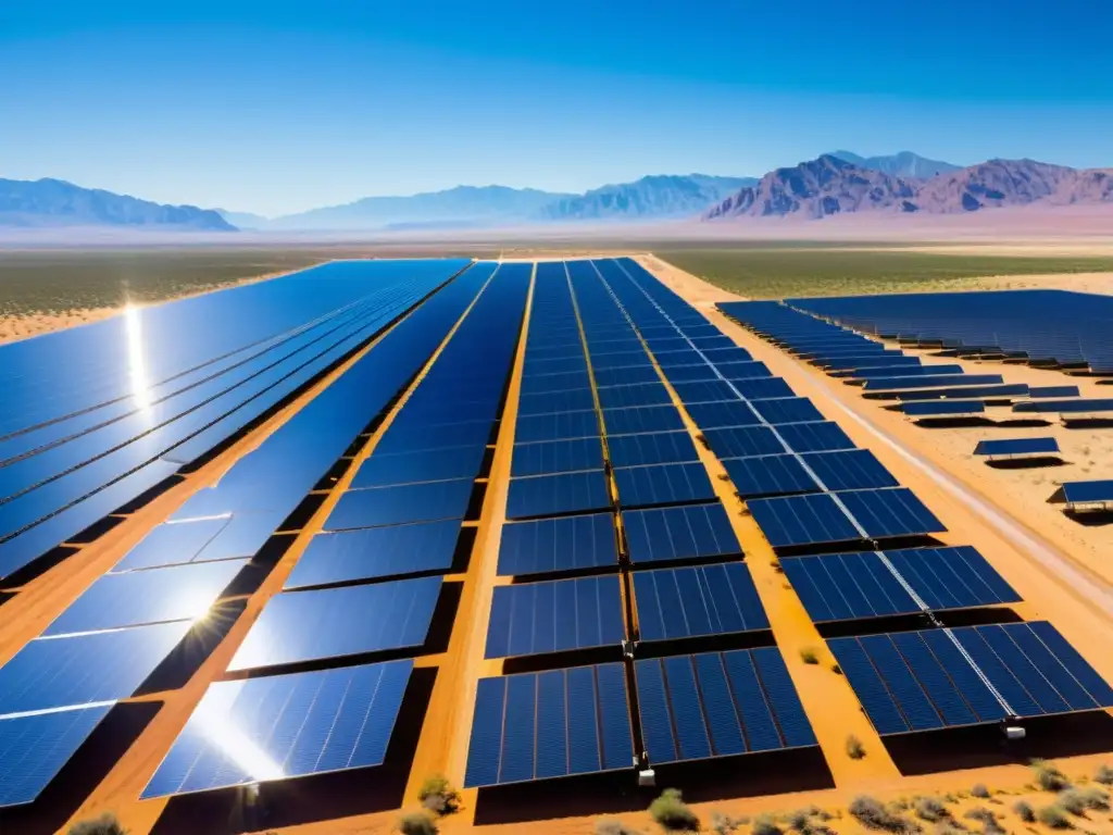 Una impresionante vista de un extenso campo de paneles solares en un paisaje desértico, con montañas al fondo y un cielo azul