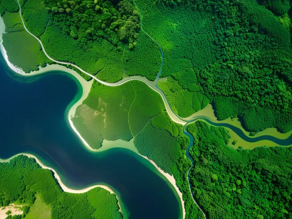 Una impresionante vista satelital de la exuberante selva amazónica, con ríos serpenteantes y un dosel verde bajo la luz del sol