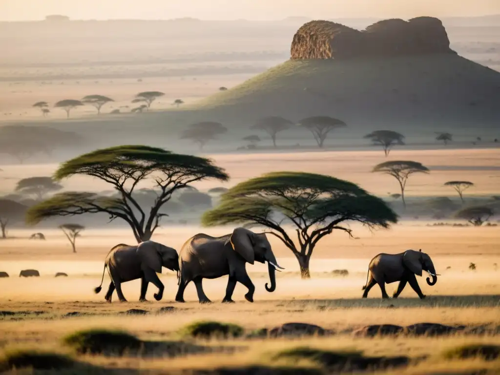 Una impresionante vista de la serena sabana del Serengeti al atardecer, con elefantes y leones en la distancia