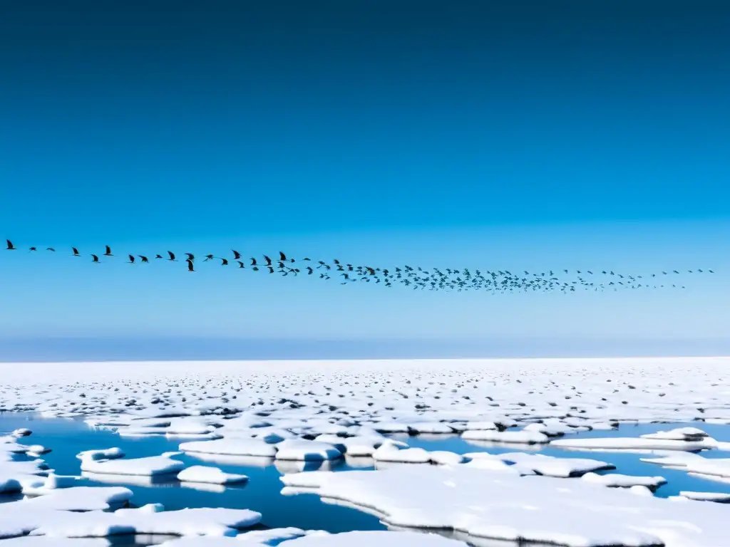 Un impresionante vuelo de aves migratorias sobre un paisaje polar helado, destacando su plumaje vibrante