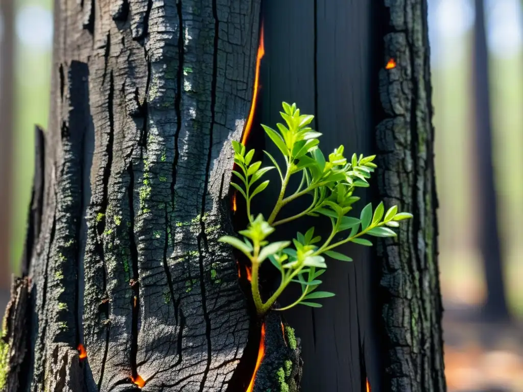 Regeneración ecosistemas tras incendios forestales: Detalle de un tronco quemado en un bosque, con brotes verdes emergiendo de la corteza carbonizada