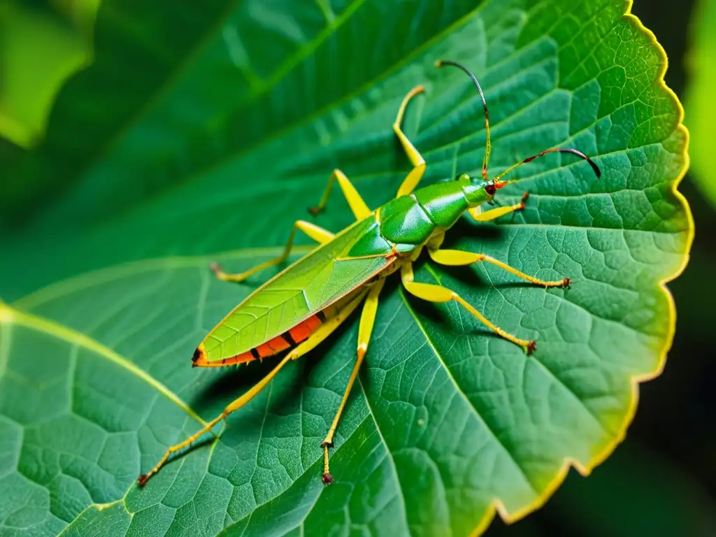 Increíble camuflaje de insecto en la exuberante selva tropical, mimetizándose perfectamente con las hojas