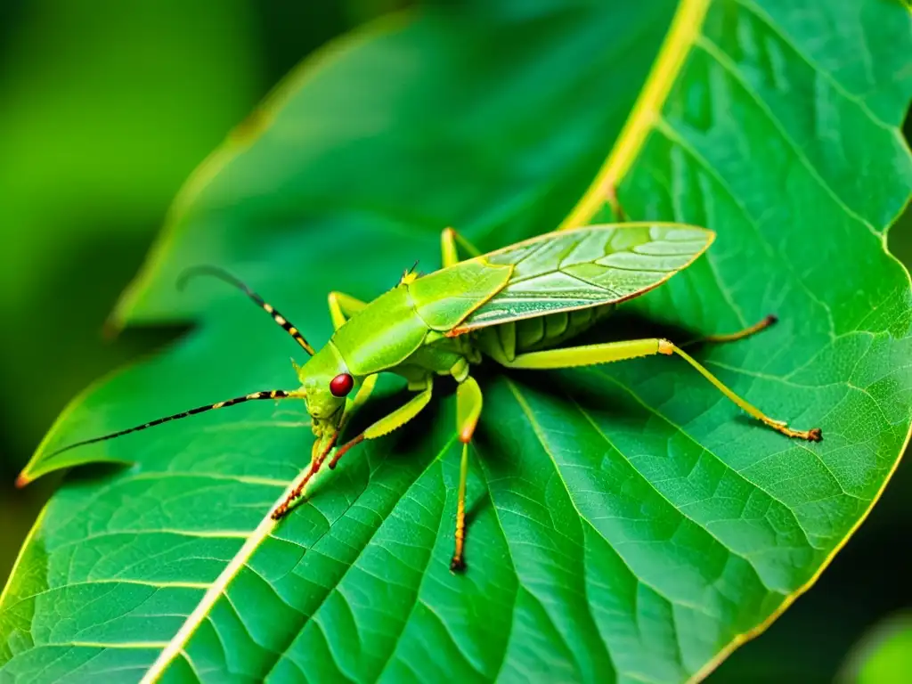 Increíble camuflaje de un insecto hoja en la exuberante selva tropical