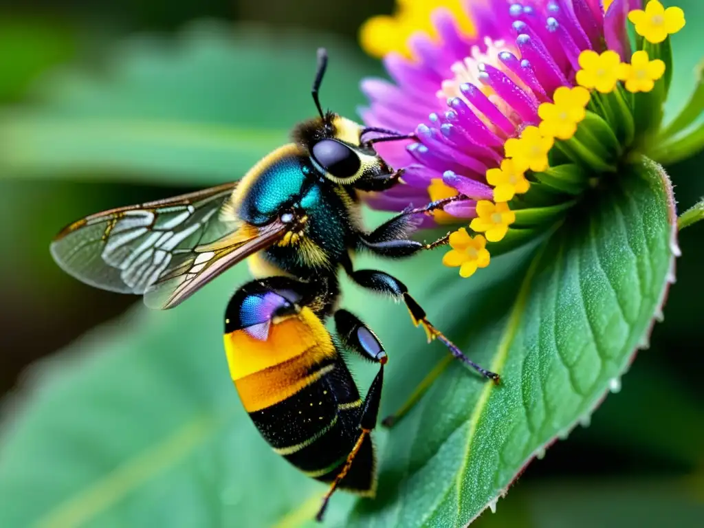 Un increíble ecosistema en la imagen, donde un insecto polinizador recoge polen de una flor exótica en un bosque nublado