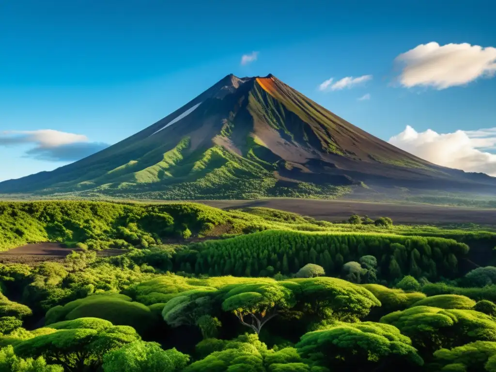 Increíble influencia de volcanes en ecosistemas: majestuoso volcán nevado rodeado de exuberante vegetación y cielos despejados