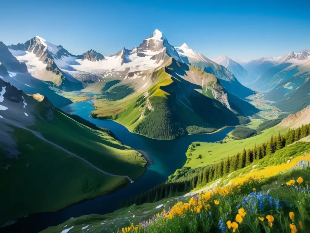 Increíble paisaje de montaña: picos nevados, ríos y exuberante vegetación