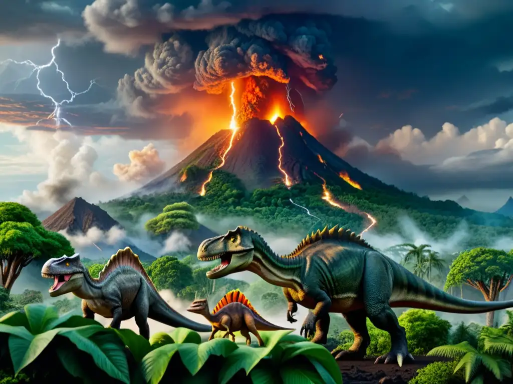 Increíble paisaje prehistórico con dinosaurios, un volcán en erupción y un cielo dramático