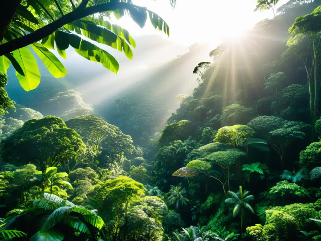 Increíble selva tropical con diversidad de vida y luz solar filtrándose a través del dosel