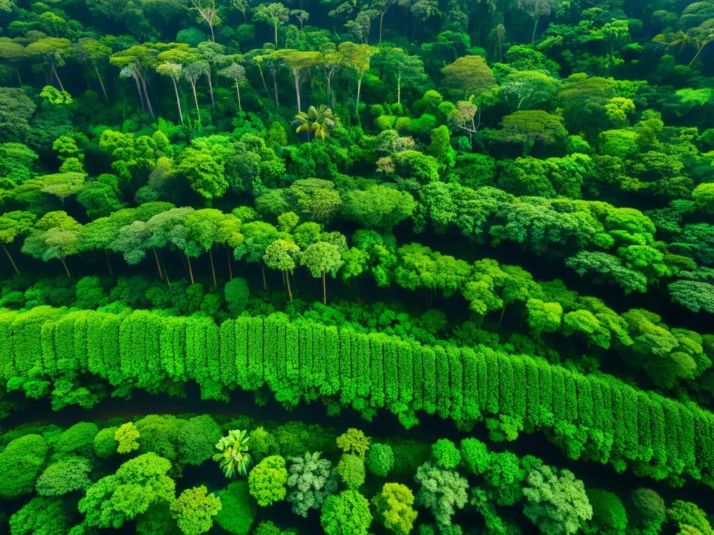 Increíble vista aérea de un exuberante bosque tropical, donde la luz del sol crea un juego fascinante de luces y sombras en la frondosa vegetación