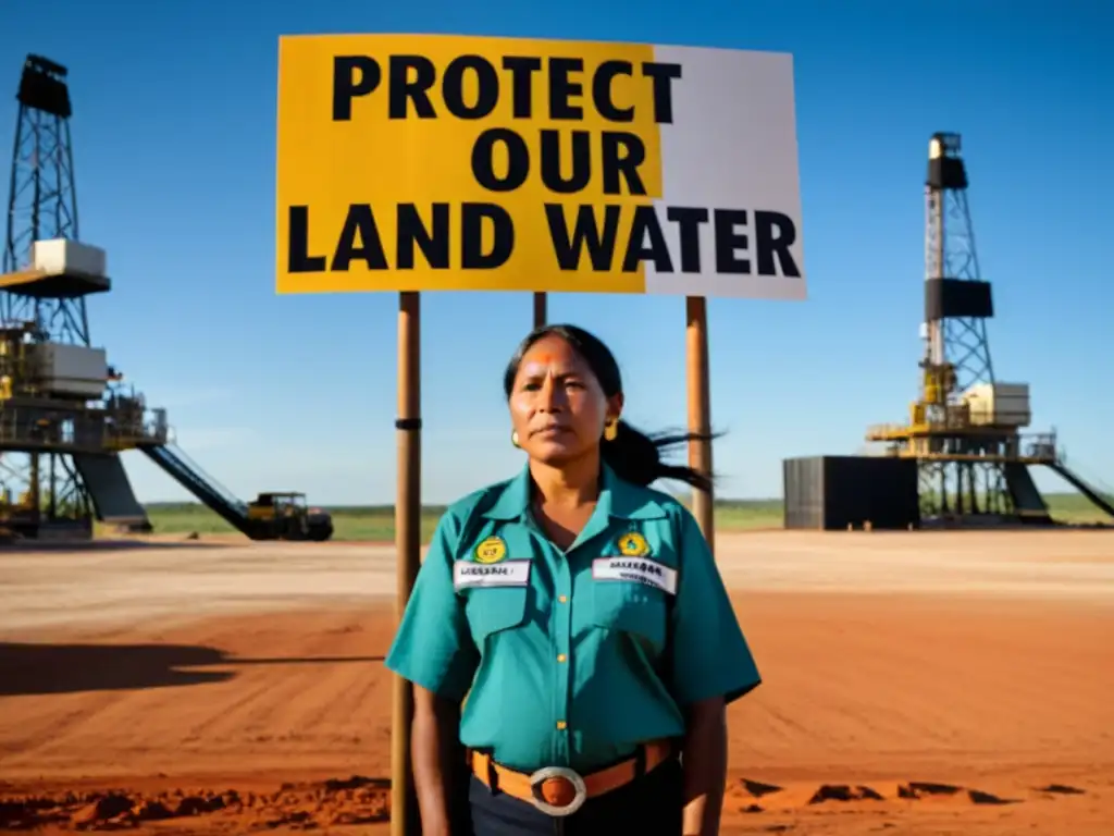 Indígenas en protesta frente a una perforación petrolera, con un cartel que dice 'Protejamos nuestra tierra y agua'