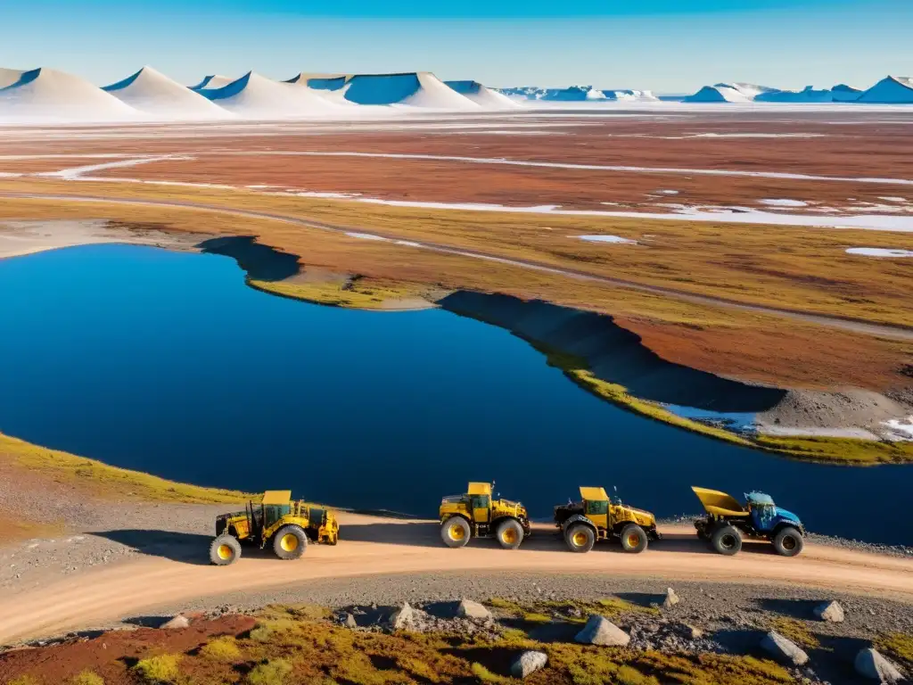 Operación industrial y trabajadores en la tundra, mostrando el impacto humano en la tundra