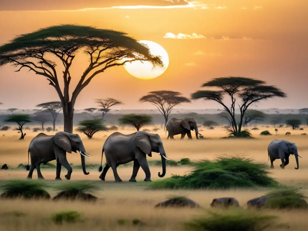 Influencia de grandes herbívoros en la sabana: majestuosos elefantes y elegantes jirafas en un paisaje africano bañado por la luz dorada del atardecer