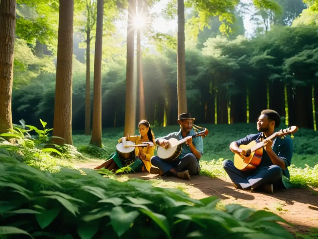 Influencia de sonidos naturales en música: Grupo de músicos folclóricos tocando en un bosque exuberante, armonizando con la naturaleza