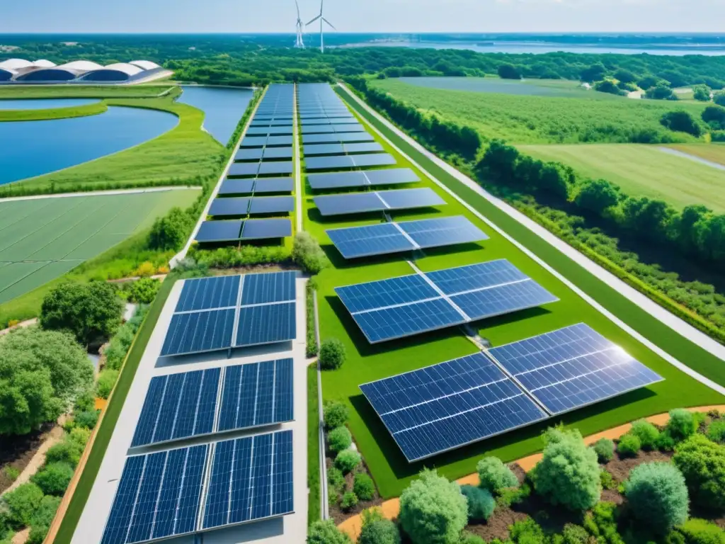 Infraestructuras resilientes al clima: Proyecto verde con paneles solares, turbinas eólicas y espacios verdes en armonía con el entorno urbano