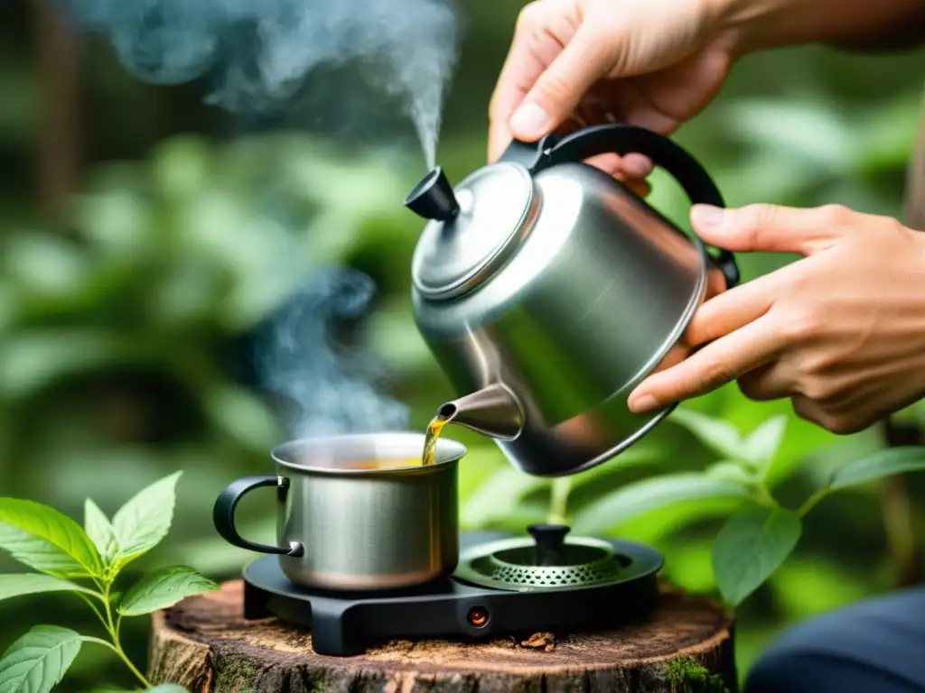 Preparando infusiones orgánicas para mochila en la naturaleza serena