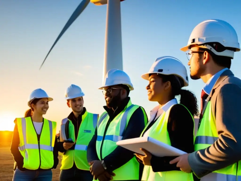 Ingenieros del futuro ecológico en energías renovables explorando una turbina eólica al atardecer, combinando estudio y aplicación práctica