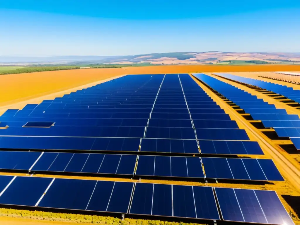 Ingenieros del futuro ecológico en energías renovables inspeccionando una granja solar expansiva bajo el cielo azul