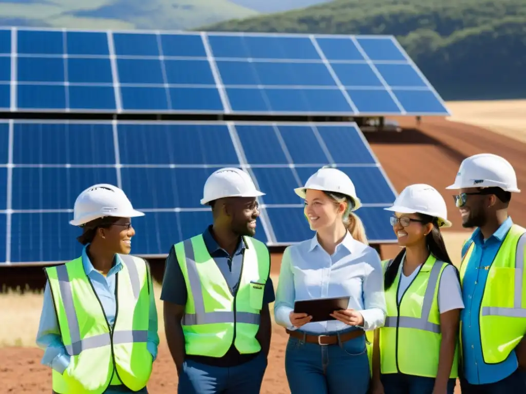 Ingenieros del futuro ecológico en energías renovables examinan paneles solares en campo soleado