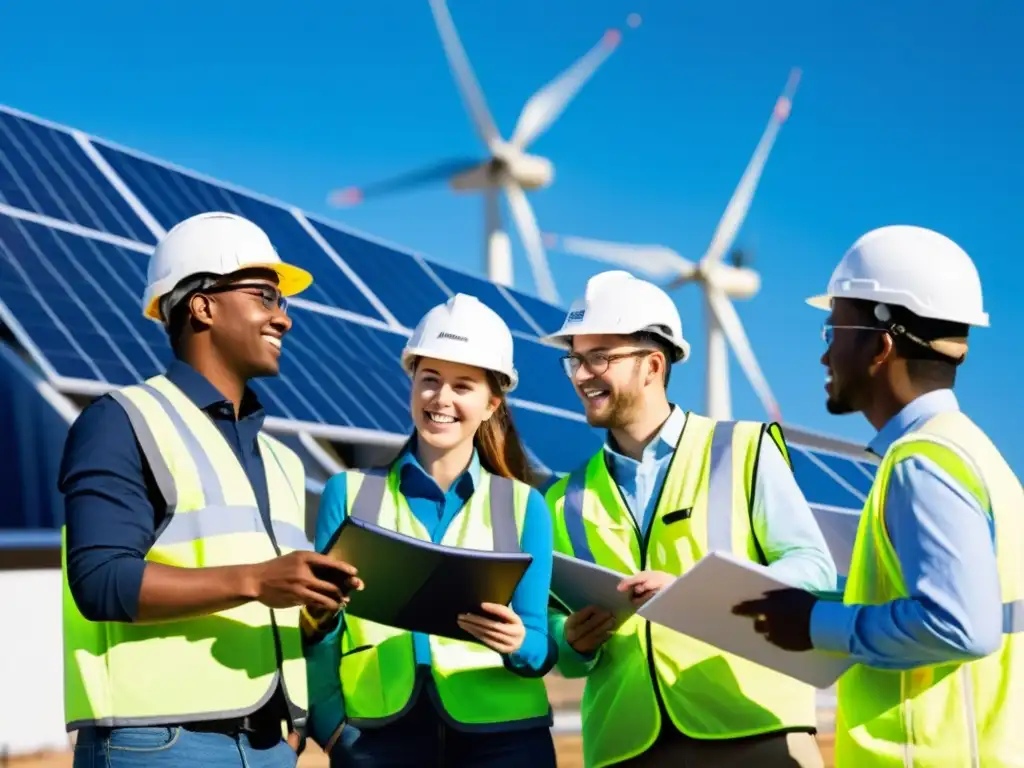 Ingenieros del futuro ecológico en energías renovables discuten alrededor de una instalación solar en un día soleado y brillante, con turbinas eólicas girando en el fondo