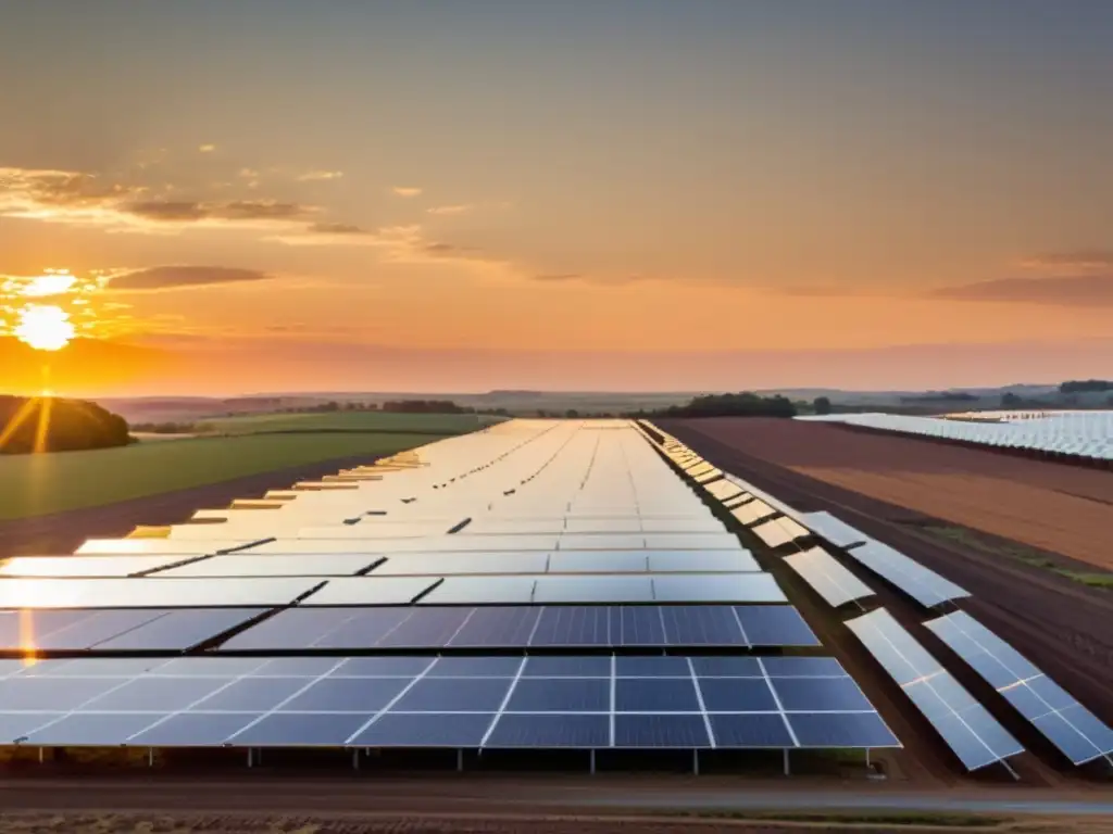 Ingenieros del futuro ecológico en energías renovables inspeccionando paneles solares al atardecer