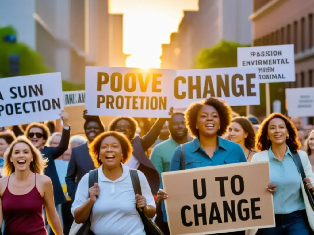 Iniciativas ciudadanas influenciando la legislación ambiental: grupo diverso marcha con pancartas al atardecer, mostrando determinación y pasión