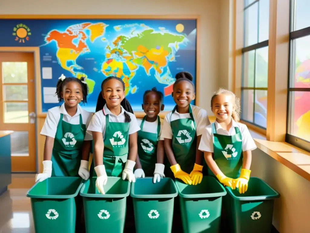 Iniciativas de reciclaje en escuelas: Estudiantes felices reciclando en el aula con mural colorido de la Tierra al fondo