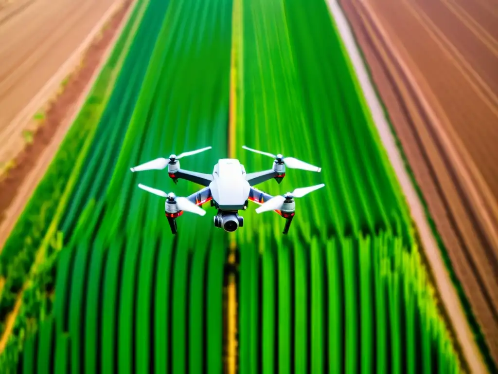 Innovaciones en agricultura con drones: Un dron captura imágenes detalladas de cultivos verdes en movimiento, bajo un cielo brillante