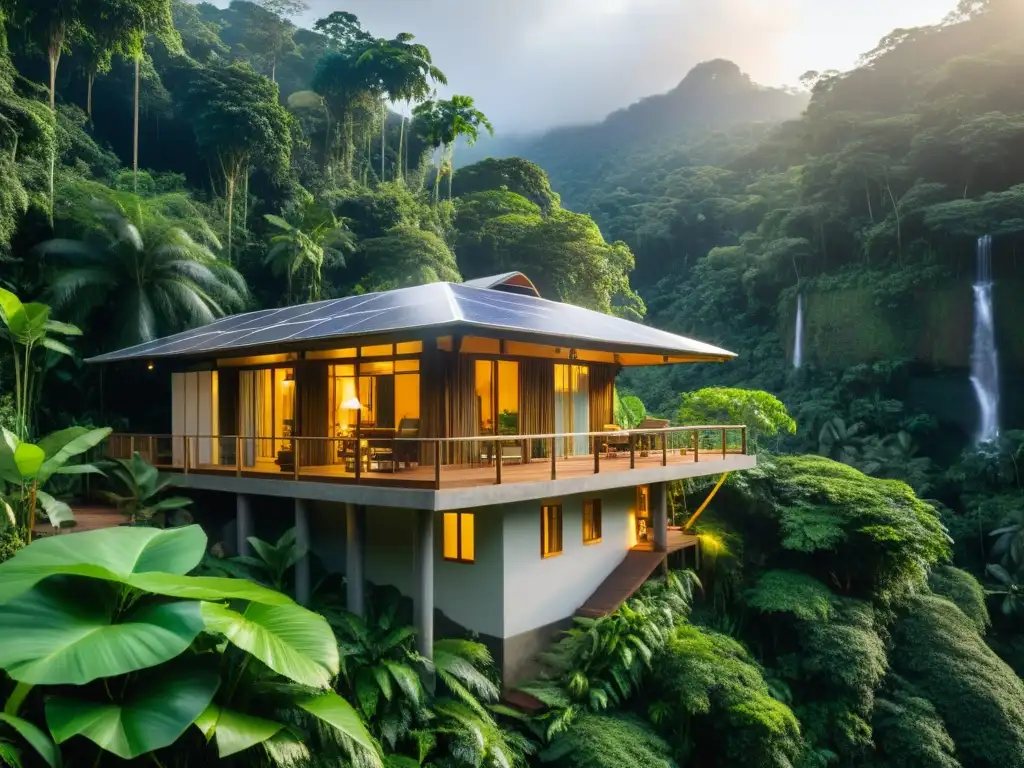 Innovaciones en alojamientos sostenibles: Ecolodge en la selva tropical con paneles solares, cascada y vida silvestre en armonía