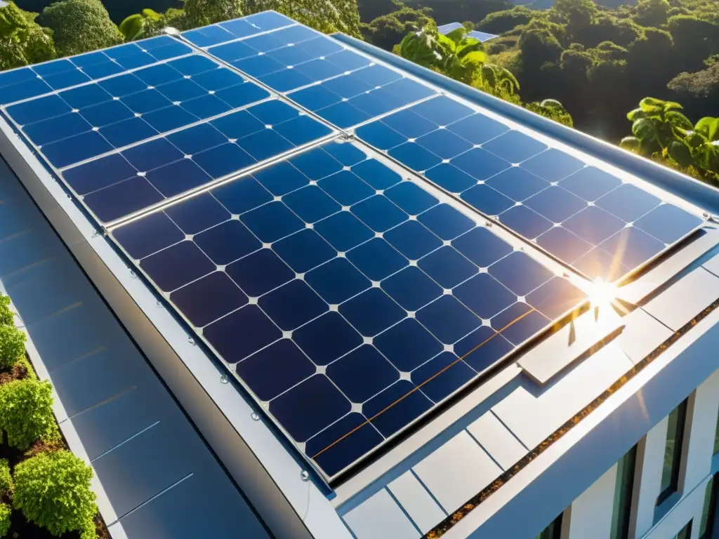 Innovaciones en energía fotovoltaica sostenible: Detalle de panel solar en edificio moderno con células y conexión visibles, bañado por luz solar con entorno natural vibrante