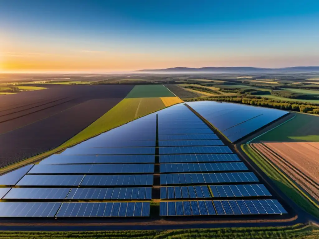 Innovaciones en energía fotovoltaica sostenible: Amanecer en una moderna granja solar, con paneles que se extienden bajo un cielo vibrante