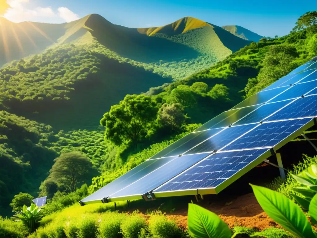 Innovaciones en energía fotovoltaica sostenible: instalación de paneles solares en entorno natural, captando la luz con detalle, promoviendo armonía con la naturaleza