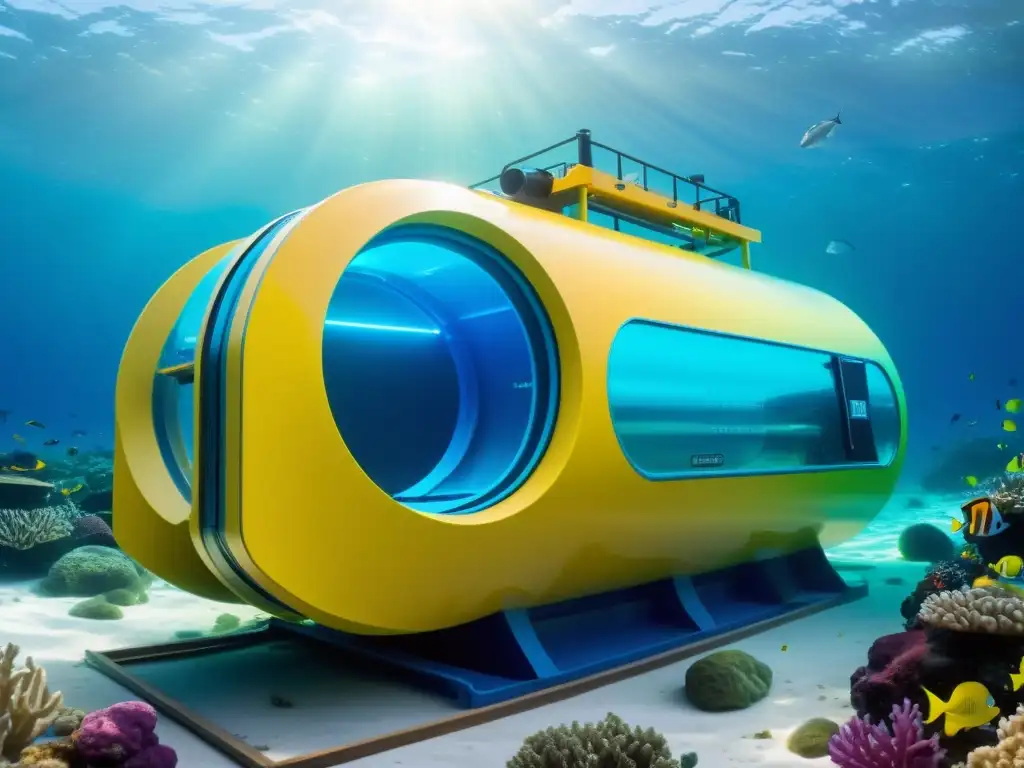 Un innovador prototipo de convertidor de energía de olas en el océano, rodeado de vida marina diversa como peces coloridos, algas y coral