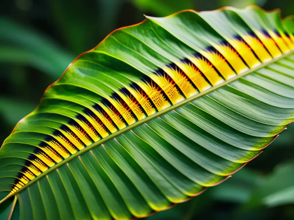 Insectos herbívoros tropicales diversidad: Detalle vibrante de hoja tropical con insectos y patrones, reflejando la rica coexistencia en su ecosistema