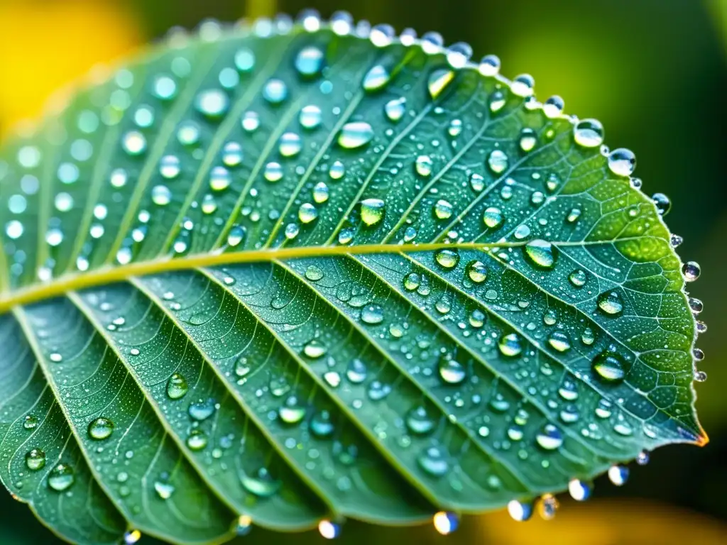 Insectos indicadores salud ecosistema: Hoja verde con gotas de rocío y delicados insectos, reflejando la interconexión en la naturaleza