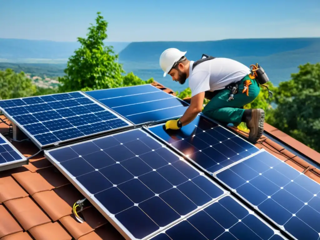 Instalación detallada de paneles solares en un techo residencial, mostrando la integración de energía renovable en el hogar con agua y sol