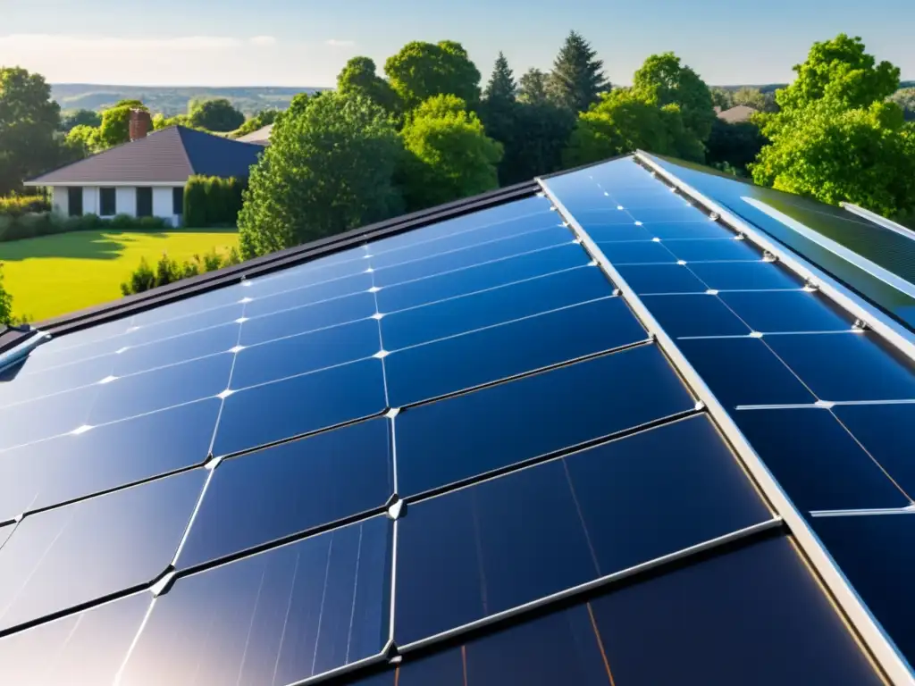 Instalación de paneles solares de alta tecnología en tejado suburbano, destacando la integración de los mejores gadgets energía renovable hogar