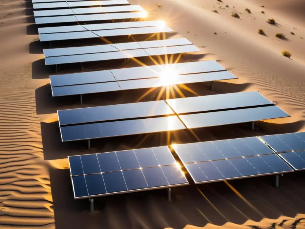 Instalación de paneles solares en el desierto, capturando la adaptación de la energía renovable en diferentes climas