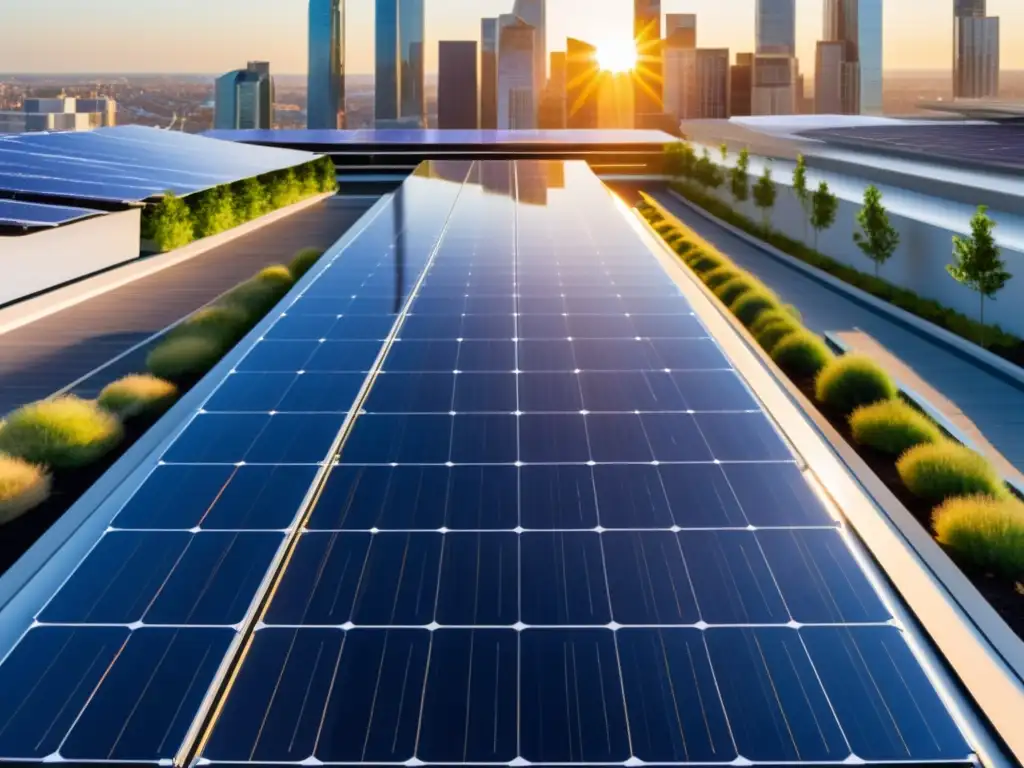 Una instalación de paneles solares de última generación en un edificio urbano moderno, bañados por la luz del sol con la ciudad de fondo