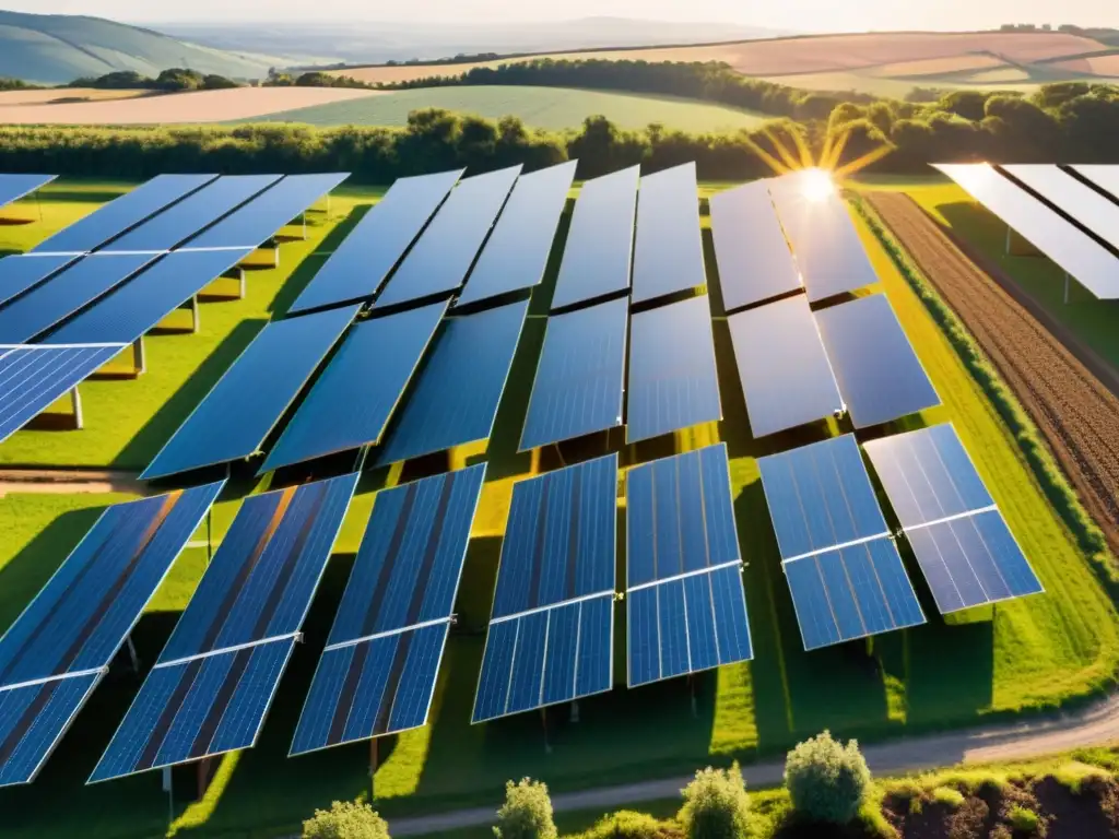 Instalación solar en zona rural: belleza y eficiencia Instalación de paneles solares en entorno rural, con luz dorada resaltando su diseño y belleza, destacando los riesgos inversión energías renovables