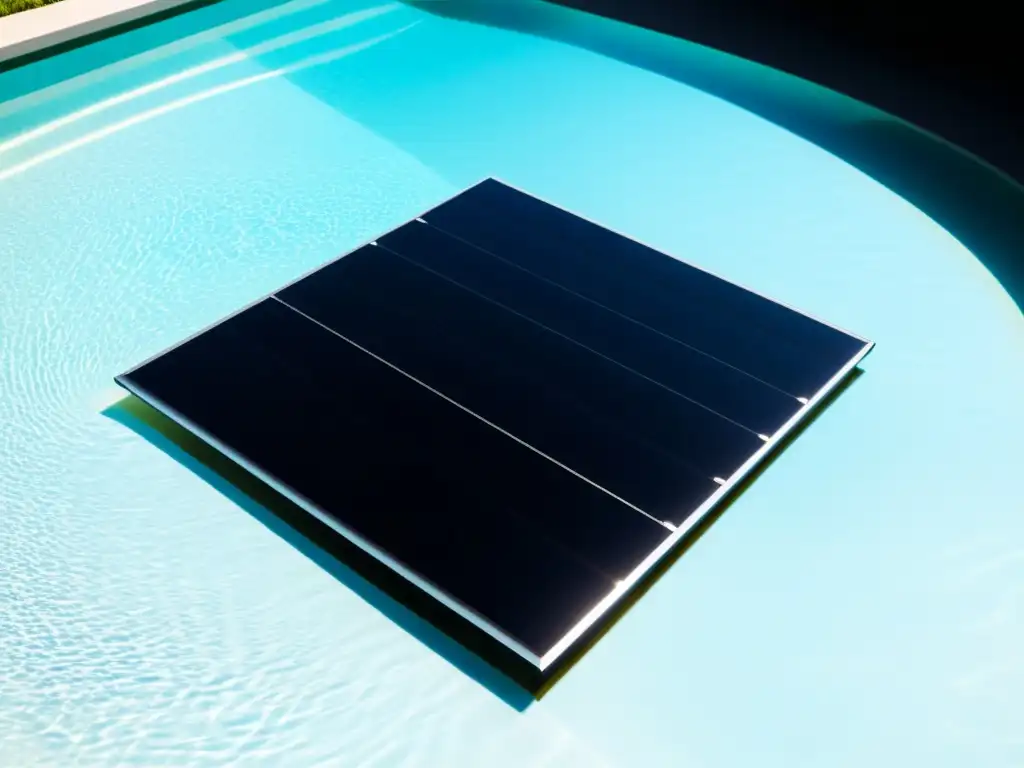 Una instalación de paneles solares flotantes para piscinas, con reflejos en el agua y un entorno armonioso