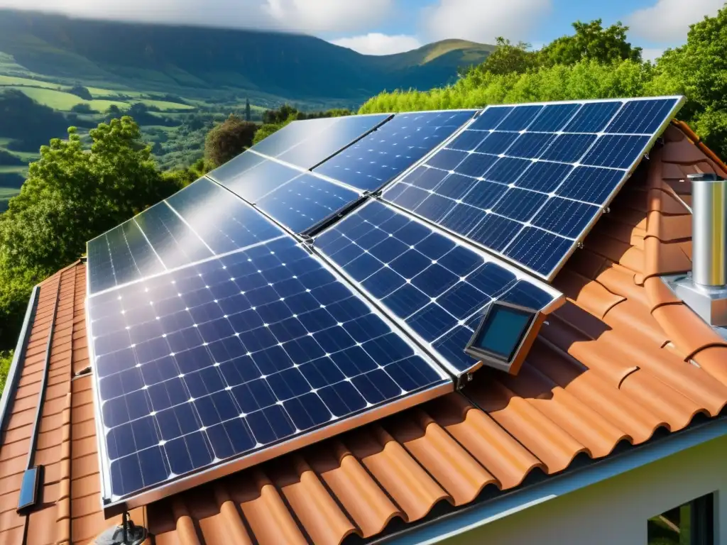 Instalación de paneles solares en moderna casa ecoamigable, con glistening energía limpia impacto ambiental