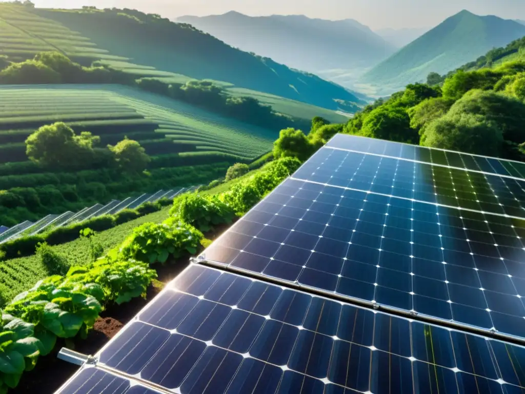 Instalación de paneles solares en paisaje verde, resaltando la coexistencia de tecnología verde y naturaleza