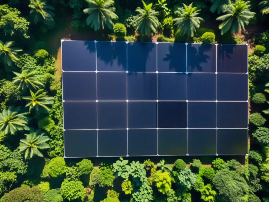 Instalación de paneles solares en selva exuberante, resaltando integración de tecnología moderna con la naturaleza