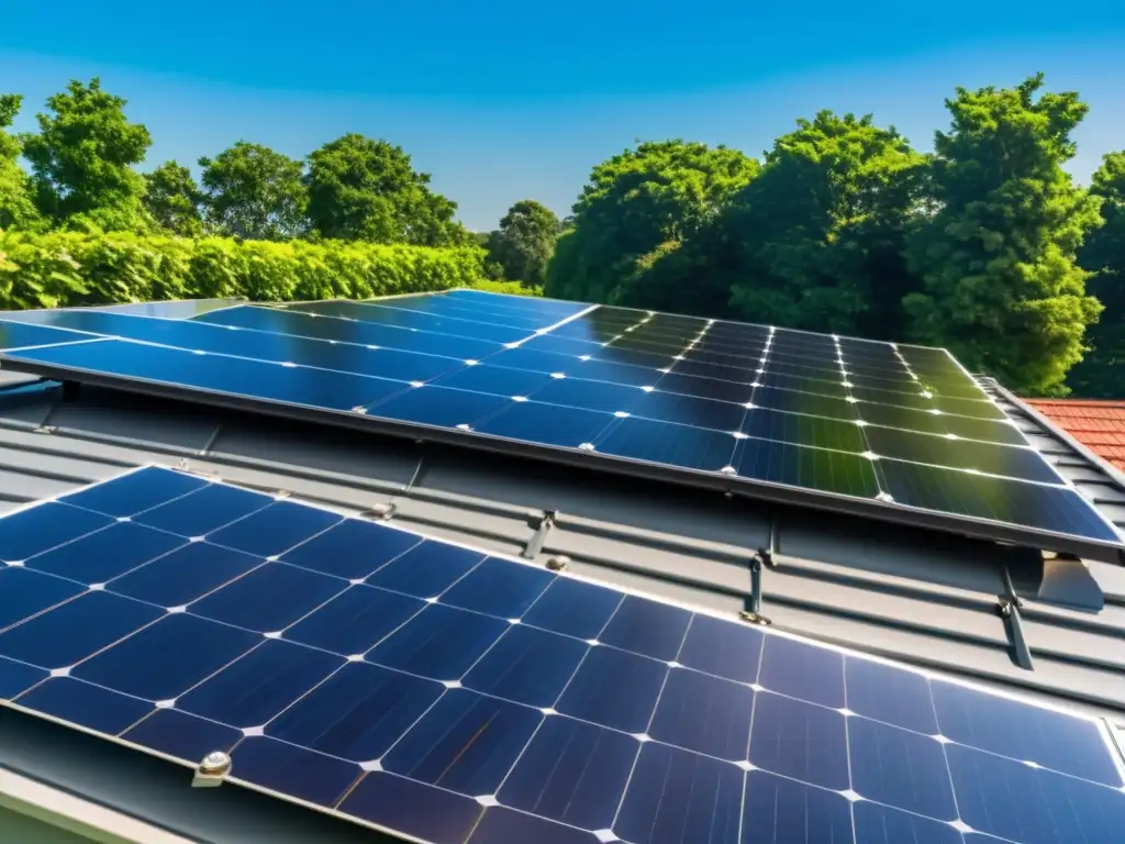 Una instalación de paneles solares en un tejado, con la luz del sol resaltando los detalles de las celdas solares