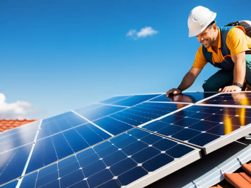 Instalación de paneles solares en tejado residencial, capturando la energía renovable con el sol brillando